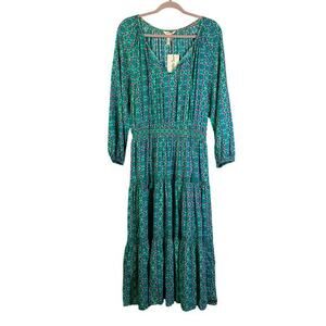 MATILDA JANE Dress Large Age of Aquarius Floral Boho Prairie Tiered V-Neck Midi‎
